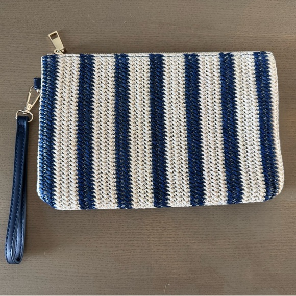 Madison West Handbags - Madison West Blue and White Striped Clutch Zip Top Nautical Bag Wristlet